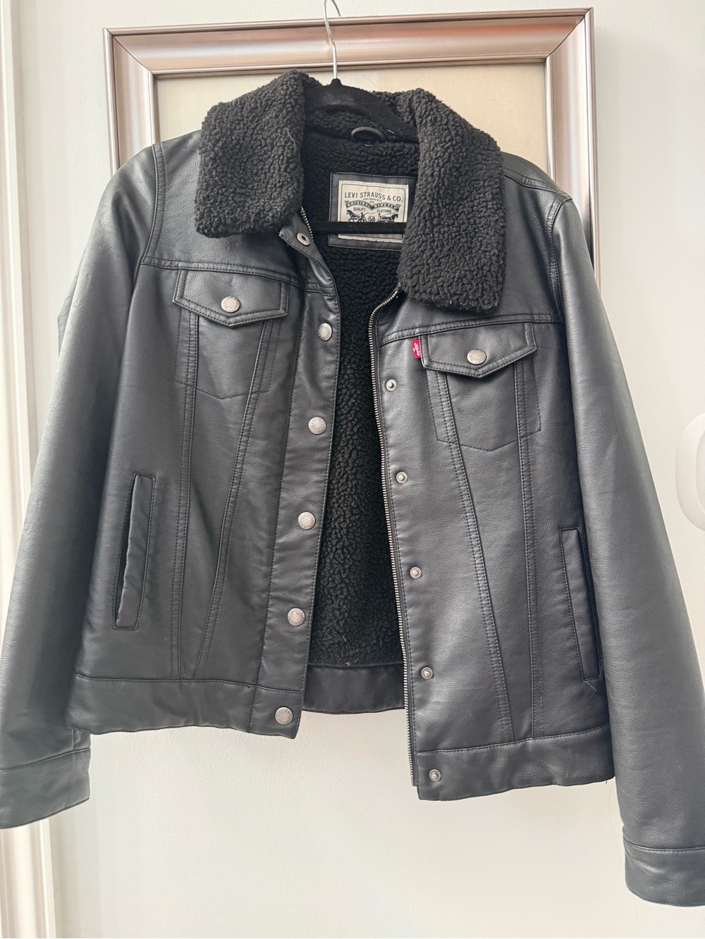 Levi's Black Faux Leather Teddy-Lined Trucker Jacket